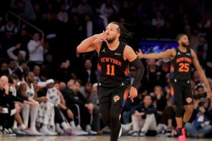 Jan 27, 2026; New York, New York, USA; New York Knicks guard Jalen Brunson (11) celebrates his three point shot against the Sacramento Kings during the fourth quarter at Madison Square Garden. Mandatory Credit: Brad Penner-Imagn Images