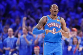May 18, 2026; Oklahoma City, Oklahoma, USA; Oklahoma City Thunder forward Jalen Williams (8) reacts to a shot by forward Luguentz Dort (5) in the third quarter against San Antonio Spurs during game one of the western conference finals for the 2026 NBA playoffs at Paycom Center. Mandatory Credit: Alonzo Adams-Imagn Images