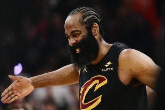 May 3, 2026; Cleveland, Ohio, USA; Cleveland Cavaliers guard James Harden (1) reacts after a play against the Toronto Raptors during the second half of game seven in the first round of the 2026 NBA Playoffs at Rocket Arena. Mandatory Credit: Ken Blaze-Imagn Images