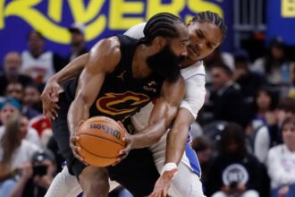 Cleveland Cavaliers PG James Harden is defended by Detroit Pistons wing Ausar Thompson during Game 1 of the 2026 Eastern Conference Semifinals. (Rick Osentoski-Imagn Images)