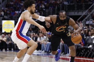 May 7, 2026; Detroit, Michigan, USA; Cleveland Cavaliers guard James Harden (1) dribbles defended by Detroit Pistons guard Cade Cunningham (2) in the first half during game two of the second round of the 2026 NBA Playoffs at Little Caesars Arena. Mandatory Credit: Rick Osentoski-Imagn Images