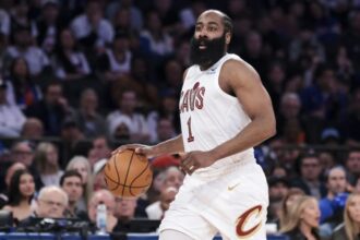\New York, New York, USA; Cleveland Cavaliers guard James Harden (1) controls the ball against the New York Knicks during the second quarter of game two of the eastern conference finals of the 2026 NBA playoffs at Madison Square Garden. Mandatory Credit: Vincent Carchietta-Imagn Images