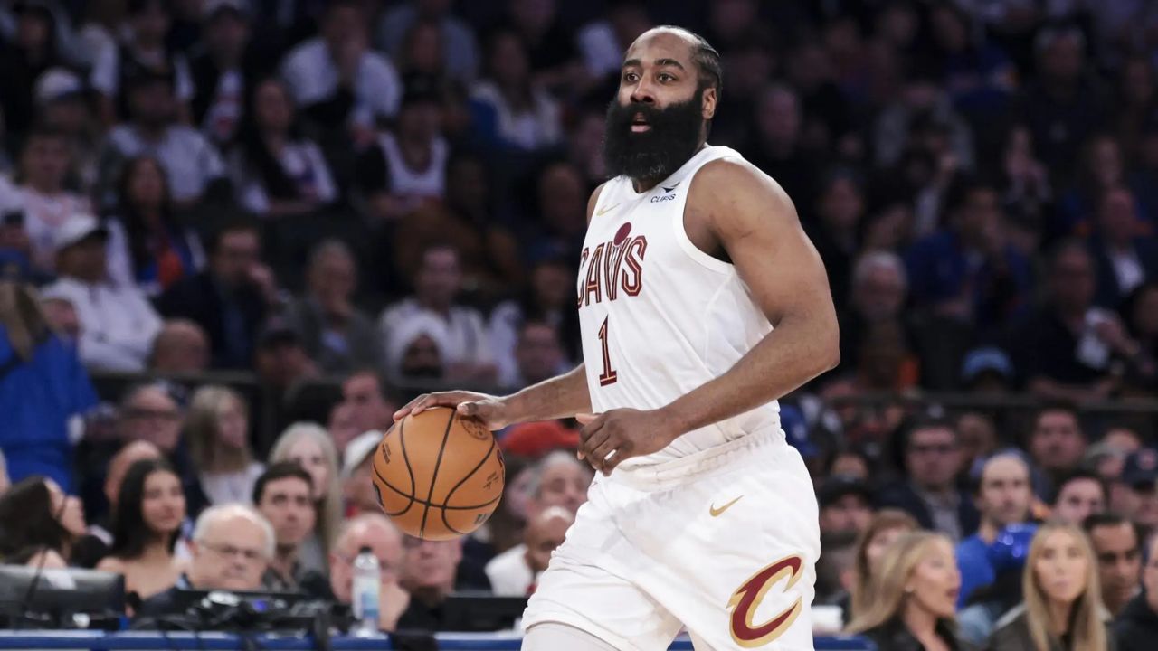\New York, New York, USA; Cleveland Cavaliers guard James Harden (1) controls the ball against the New York Knicks during the second quarter of game two of the eastern conference finals of the 2026 NBA playoffs at Madison Square Garden. Mandatory Credit: Vincent Carchietta-Imagn Images