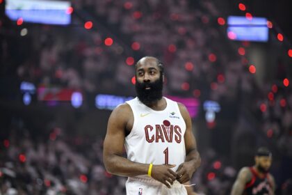 Cleveland, Ohio, USA; Cleveland Cavaliers guard James Harden (1) stands on the court before game five of the first round of the 2026 NBA Playoffs against the Toronto Raptors at Rocket Arena. Mandatory Credit: David Richard-Imagn Images