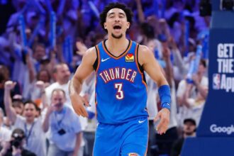 May 20, 2026; Oklahoma City, Oklahoma, USA; Oklahoma City Thunder guard Jared McCain (3) reacts to a play during the fourth quarter against the San Antonio Spurs during game two of the western conference finals for the 2026 NBA playoffs at Paycom Center. Mandatory Credit: Alonzo Adams-Imagn Images
