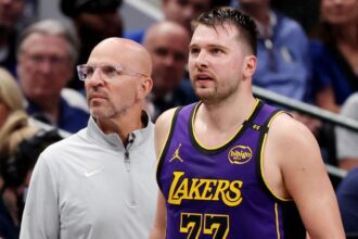 DALLAS, TEXAS - APRIL 09: Head coach Jason Kidd of the Dallas Mavericks and Luka Doncic #77 of the Los Angeles Lakers look on during the third quarter at American Airlines Center on April 09, 2025 in Dallas, Texas. (Photo by Sam Hodde/Getty Images)