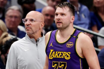 DALLAS, TEXAS - APRIL 09: Head coach Jason Kidd of the Dallas Mavericks and Luka Doncic #77 of the Los Angeles Lakers look on during the third quarter at American Airlines Center on April 09, 2025 in Dallas, Texas. (Photo by Sam Hodde/Getty Images)
