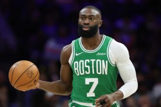 Apr 30, 2026; Philadelphia, Pennsylvania, USA; Boston Celtics guard Jaylen Brown (7) dribbles the ball against the Philadelphia 76ers during the first quarter at Xfinity Mobile Arena. Mandatory Credit: Bill Streicher-Imagn Images