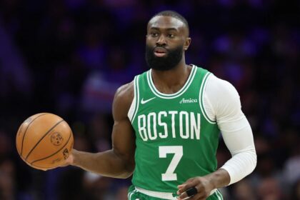 Apr 30, 2026; Philadelphia, Pennsylvania, USA; Boston Celtics guard Jaylen Brown (7) dribbles the ball against the Philadelphia 76ers during the first quarter at Xfinity Mobile Arena. Mandatory Credit: Bill Streicher-Imagn Images
