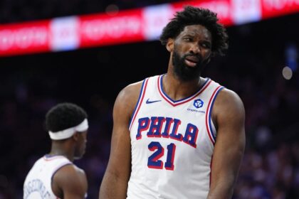 May 10, 2026; Philadelphia, Pennsylvania, USA; Philadelphia 76ers center Joel Embiid (21) reacts against the New York Knicks in the second quarter during game four of the second round of the 2026 NBA Playoffs at Xfinity Mobile Arena. Mandatory Credit: Kyle Ross-Imagn Images