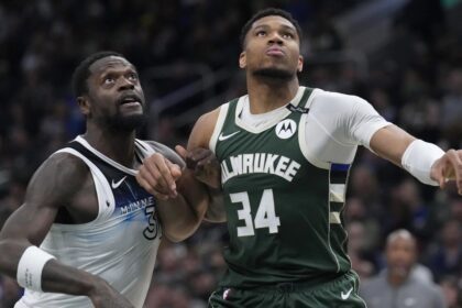 Apr 8, 2025; Milwaukee, Wisconsin, USA; Minnesota Timberwolves forward Julius Randle (30) and Milwaukee Bucks forward Giannis Antetokounmpo (34) could wind up traded for one another in a blockbuster deal prior to the Feb. 5 trade deadline. Mandatory Credit: Michael McLoone-Imagn Images