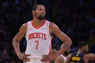 Apr 21, 2026; Los Angeles, California, USA; Houston Rockets forward Kevin Durant (7) looks on from the court during the final minutes of game two of the first round of the 2026 NBA Playoffs at against the Los Angeles Lakers at Crypto.com Arena. Mandatory Credit: Jayne Kamin-Oncea-Imagn Images