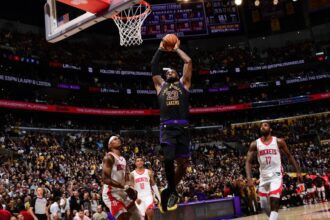 LOS ANGELES, CA - APRIL 21: LeBron James #23 of the Los Angeles Lakers dunks the ball during the game against the Houston Rockets during Round One Game Two of the 2026 NBA Playoffs on April 21, 2026 at Crypto.Com Arena in Los Angeles, California. (Photo by Adam Pantozzi/NBAE via Getty Images)