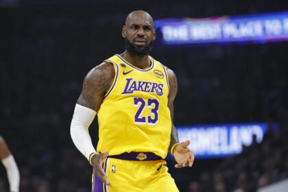 May 7, 2026; Oklahoma City, Oklahoma, USA; Los Angeles Lakers forward LeBron James (23) reacts after a play against the Oklahoma City Thunder in the first half during game two of the second round of the 2026 NBA Playoffs at Paycom Center. Mandatory Credit: Alonzo Adams-Imagn Images