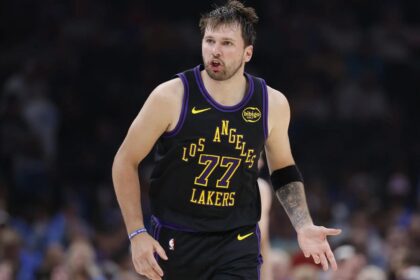 Apr 2, 2026; Oklahoma City, Oklahoma, USA; Los Angeles Lakers guard Luka Doncic (77) reacts after a play against the Oklahoma City Thunder during the second half at Paycom Center. Mandatory Credit: Alonzo Adams-Imagn Images
