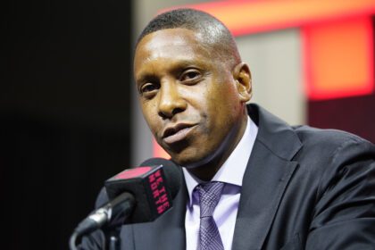 Toronto Raptors vice chairman and team president Masai Ujiri talks to the media during media day at Scotiabank Area.
