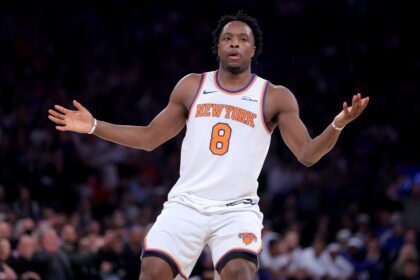 May 4, 2026; New York, New York, USA; New York Knicks forward OG Anunoby (8) reacts after a three point shot during the first quarter of game one of the eastern conference semifinal round of the 2026 NBA Playoffs against the Philadelphia 76ers at Madison Square Garden. Mandatory Credit: Brad Penner-Imagn Images
