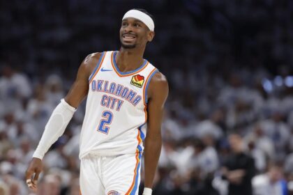 May 26, 2026; Oklahoma City, Oklahoma, USA; Oklahoma City Thunder guard Shai Gilgeous-Alexander (2) reacts after a play during the third quarter against the San Antonio Spurs in game five of the western conference finals for the 2026 NBA playoffs at Paycom Center. Mandatory Credit: Alonzo Adams-Imagn Images