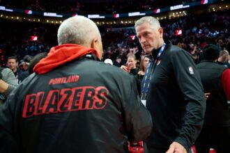 Apr 2, 2026; Portland, Oregon, USA; Tom Dundon, owner of the Portland Trail Blazers, visits with fans after a game against the New Orleans Pelicans at Moda Center. Mandatory Credit: Troy Wayrynen-Imagn Images