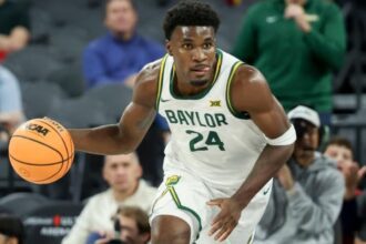 LAS VEGAS, NEVADA - NOVEMBER 24: Tounde Yessoufou #24 of the Baylor Bears dribbles against the Creighton Bluejays in first half of a Players Era Championship basketball tournament game at Michelob ULTRA Arena on November 24, 2025 in Las Vegas, Nevada. (Photo by Ian Maule/Getty Images)