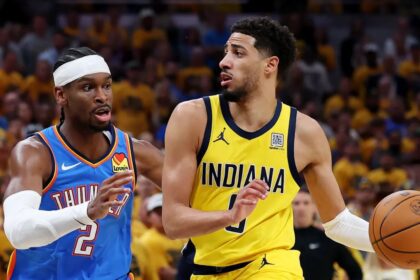 The Indiana Pacers’ Tyrese Haliburton drives to the basket against Oklahoma City Thunder star Shai Gilgeous-Alexander during the first half of Game 6 of the NBA Finals on Thursday, June 19, 2025, in Indianapolis. (Photo by Maddie Meyer/Getty Images)