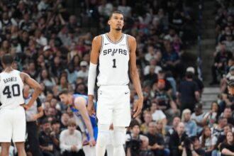May 24, 2026; San Antonio, Texas, USA; San Antonio Spurs center Victor Wembanyama (1) looks on in the fourth quarter against the Oklahoma City Thunder during game four of the western conference finals for the 2026 NBA playoffs at Frost Bank Center. Mandatory Credit: Daniel Dunn-Imagn Images