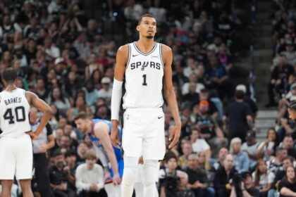 May 24, 2026; San Antonio, Texas, USA; San Antonio Spurs center Victor Wembanyama (1) looks on in the fourth quarter against the Oklahoma City Thunder during game four of the western conference finals for the 2026 NBA playoffs at Frost Bank Center. Mandatory Credit: Daniel Dunn-Imagn Images