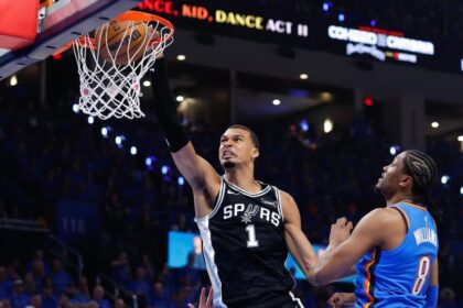 May 18, 2026; Oklahoma City, Oklahoma, USA; San Antonio Spurs center Victor Wembanyama (1) dunks the ball in the second quarter against the Oklahoma City Thunder during Game 1 of the Western Conference Finals for the 2026 NBA playoffs at Paycom Center