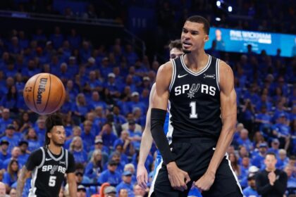 May 18, 2026; Oklahoma City, Oklahoma, USA; San Antonio Spurs center Victor Wembanyama (1) reacts after a dunk in the second quarter against the Oklahoma City Thunder during game one of the western conference finals for the 2026 NBA playoffs at Paycom Center. Mandatory Credit: Alonzo Adams-Imagn Images