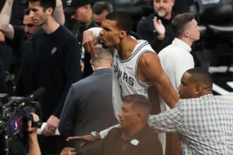 May 24, 2026; San Antonio, Texas, USA; San Antonio Spurs center Victor Wembanyama (1) reacts after the second quarter against the Oklahoma City Thunder during game four of the western conference finals for the 2026 NBA playoffs at Frost Bank Center. Mandatory Credit: Scott Wachter-Imagn Images
