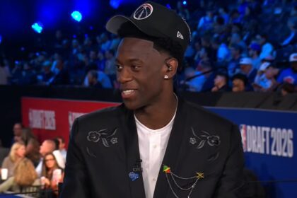 AJ Dybantsa reacts to being selected first overall at the 2026 NBA Draft.