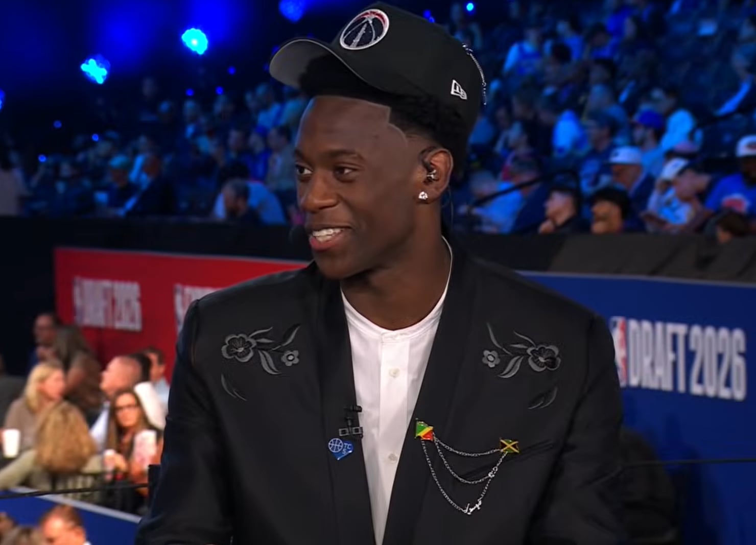 AJ Dybantsa reacts to being selected first overall at the 2026 NBA Draft.