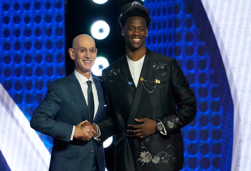 BROOKLYN, NY - JUNE 23: NBA Commissioner, Adam Silver poses for a photo with AJ Dybantsa after being drafted number one overall by Washington Wizards during the 2026 NBA Draft - Round One on June 23, 2026 at Barclays Center in Brooklyn, New York.