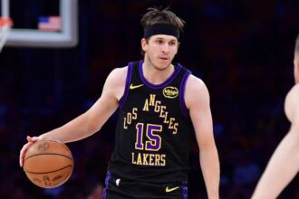 May 11, 2026; Los Angeles, California, USA; Los Angeles Lakers guard Austin Reaves (15) moves the ball against Oklahoma City Thunder center Isaiah Hartenstein (55) during the first half in game four of the second round of the 2026 NBA Playoffs at Crypto.com Arena. Mandatory Credit: Gary A. Vasquez-Imagn Images