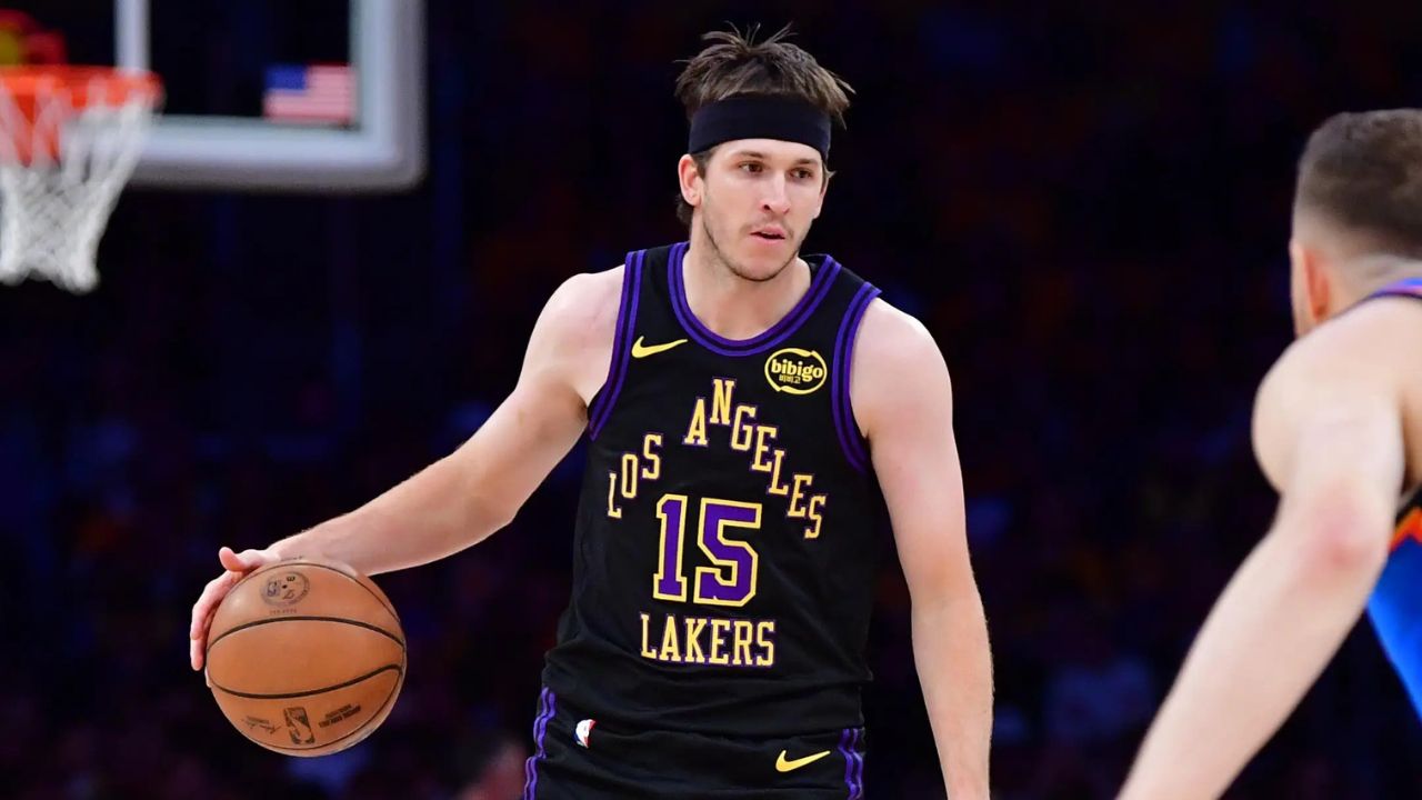 May 11, 2026; Los Angeles, California, USA; Los Angeles Lakers guard Austin Reaves (15) moves the ball against Oklahoma City Thunder center Isaiah Hartenstein (55) during the first half in game four of the second round of the 2026 NBA Playoffs at Crypto.com Arena. Mandatory Credit: Gary A. Vasquez-Imagn Images