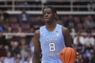 North Carolina forward Caleb Wilson (8) during an NCAA college basketball game against Stanford in Stanford, Calif., Wednesday, Jan. 14, 2026. (AP Photo/Jeff Chiu)