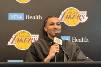 Lakers rookie guard Cameron Carr speaks at his introductory press conference. Mandatory Credit: Lakers Nation - YouTube