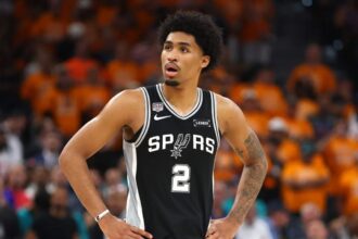 SAN ANTONIO, TEXAS - JUNE 03: Dylan Harper #2 of the San Antonio Spurs reacts during the second quarter against the New York Knicks in Game One of the 2026 NBA Finals at Frost Bank Center on June 03, 2026 in San Antonio, Texas. (Photo by Gregory Shamus/Getty Images)