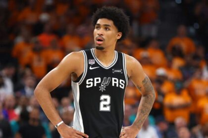 SAN ANTONIO, TEXAS - JUNE 03: Dylan Harper #2 of the San Antonio Spurs reacts during the second quarter against the New York Knicks in Game One of the 2026 NBA Finals at Frost Bank Center on June 03, 2026 in San Antonio, Texas. (Photo by Gregory Shamus/Getty Images)