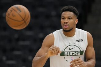 Mar 28, 2026; Milwaukee, Wisconsin, USA; Milwaukee Bucks forward Giannis Antetokounmpo (34) warms up prior to the game against the San Antonio Spurs at Fiserv Forum. Mandatory Credit: Jeff Hanisch-Imagn Images