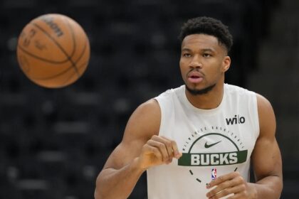 Mar 28, 2026; Milwaukee, Wisconsin, USA; Milwaukee Bucks forward Giannis Antetokounmpo (34) warms up prior to the game against the San Antonio Spurs at Fiserv Forum. Mandatory Credit: Jeff Hanisch-Imagn Images
