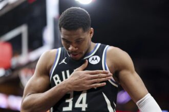 Feb 25, 2025; Houston, Texas, USA; Milwaukee Bucks forward Giannis Antetokounmpo (34) walks on the court before the start of the game against the Houston Rockets at Toyota Center. Mandatory Credit: Troy Taormina-Imagn Images