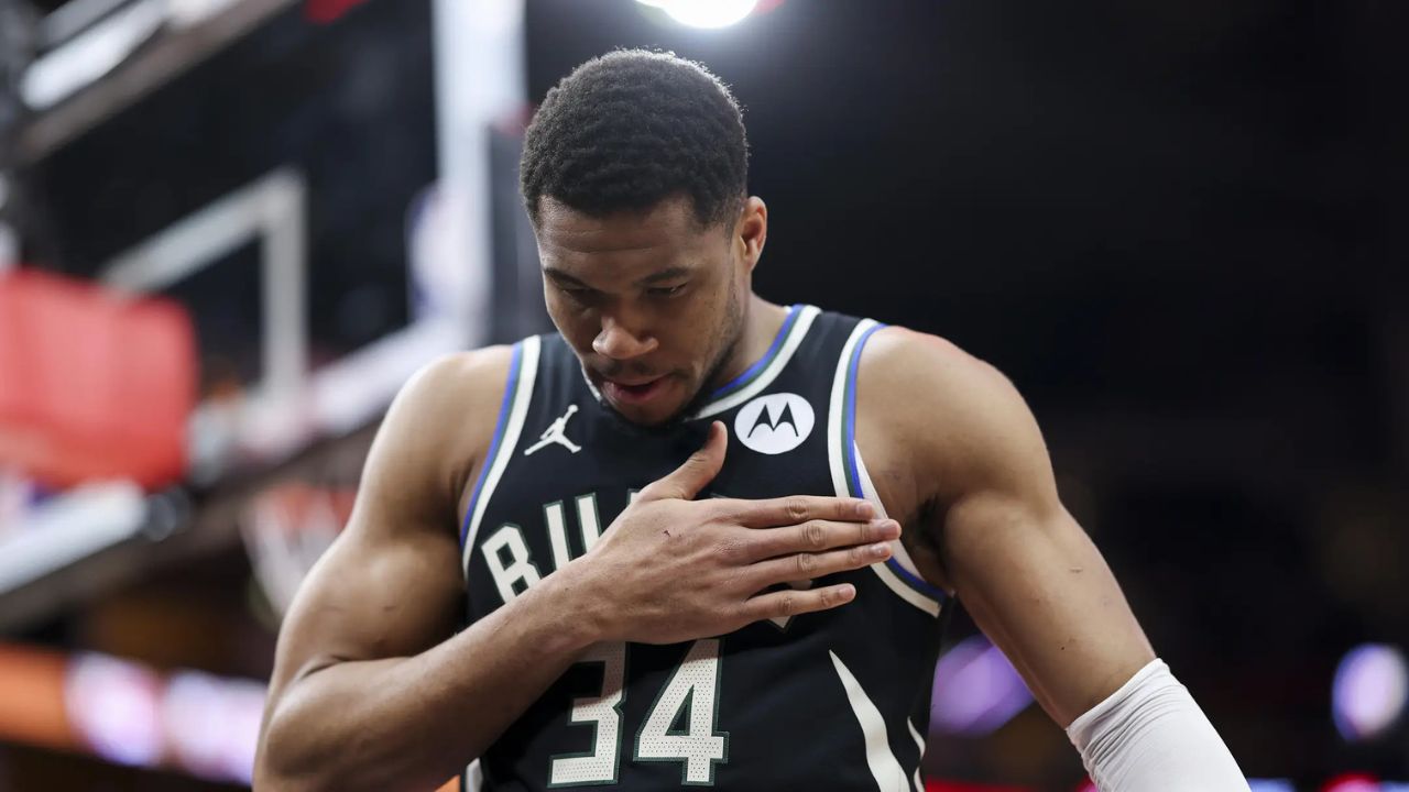 Feb 25, 2025; Houston, Texas, USA; Milwaukee Bucks forward Giannis Antetokounmpo (34) walks on the court before the start of the game against the Houston Rockets at Toyota Center. Mandatory Credit: Troy Taormina-Imagn Images