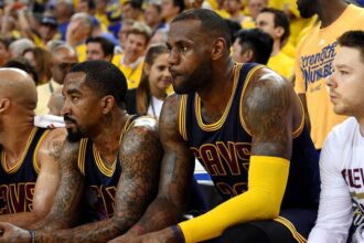 Jun 2, 2016; Oakland, CA, USA; Cleveland Cavaliers forward LeBron James (23) and Cleveland Cavaliers guard J.R. Smith (5) sit on the bench during the fourth quarter against the Golden State Warriors in game one of the NBA Finals at Oracle Arena. Mandatory Credit: Kyle Terada-Imagn Images