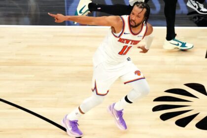 Jun 3, 2026; San Antonio, Texas, USA;New York Knicks guard Jalen Brunson (11) reacts in the second half during game one of the 2026 NBA Finals at Frost Bank Center. Mandatory Credit: Scott Wachter-Imagn Images