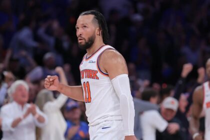 Jun 10, 2026; New York, New York, USA; New York Knicks guard Jalen Brunson (11) reacts in the fourth quarter against the San Antonio Spurs during game four of the 2026 NBA Finals at Madison Square Garden. Mandatory Credit: Brad Penner-Imagn Images