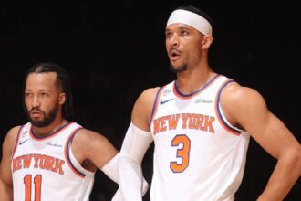 NEW YORK, NY - JUNE 10: Jalen Brunson #11 and Josh Hart #3 of the New York Knicks look on during the game against the San Antonio Spurs during Game Four of the 2026 NBA Finals on June 10, 2026 at Madison in New York, New York. (Photo by Nathaniel S. Butler/NBAE via Getty Images)