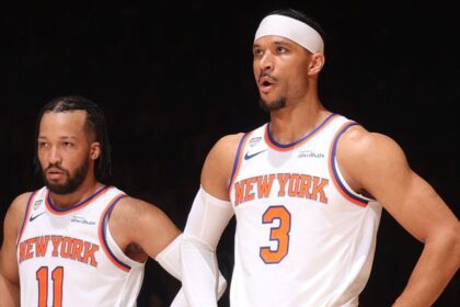 NEW YORK, NY - JUNE 10: Jalen Brunson #11 and Josh Hart #3 of the New York Knicks look on during the game against the San Antonio Spurs during Game Four of the 2026 NBA Finals on June 10, 2026 at Madison in New York, New York. (Photo by Nathaniel S. Butler/NBAE via Getty Images)