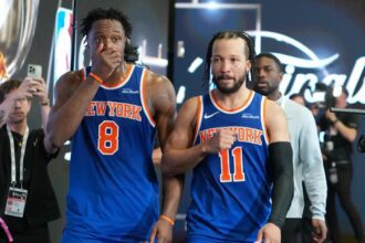 Jun 5, 2026; San Antonio, Texas, USA; New York Knicks guard Jalen Brunson (11) and forward Og Anunoby (8) react after game two of the 2026 NBA Finals at Frost Bank Center. Mandatory Credit: Daniel Dunn-Imagn Images