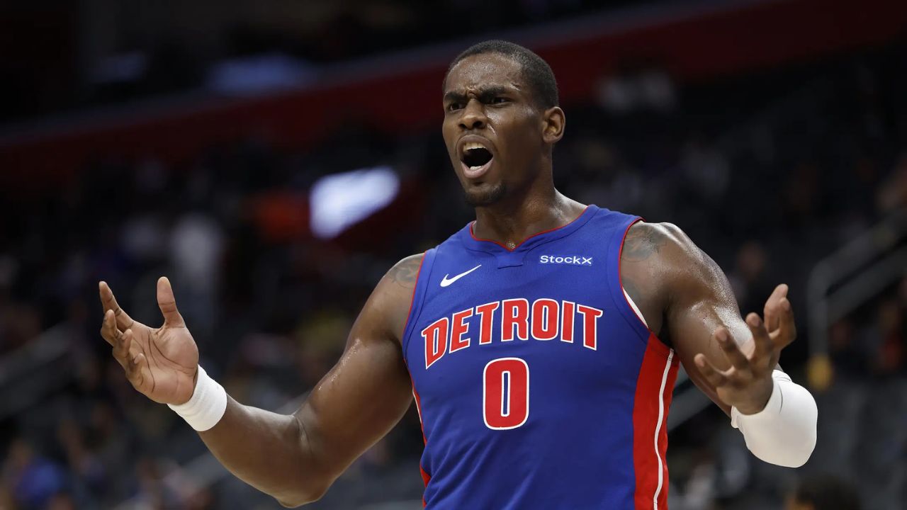 Dec 16, 2024; Detroit, Michigan, USA; Detroit Pistons center Jalen Duren (0) reacts in the first half against the Miami Heat at Little Caesars Arena. Mandatory Credit: Rick Osentoski-Imagn Images